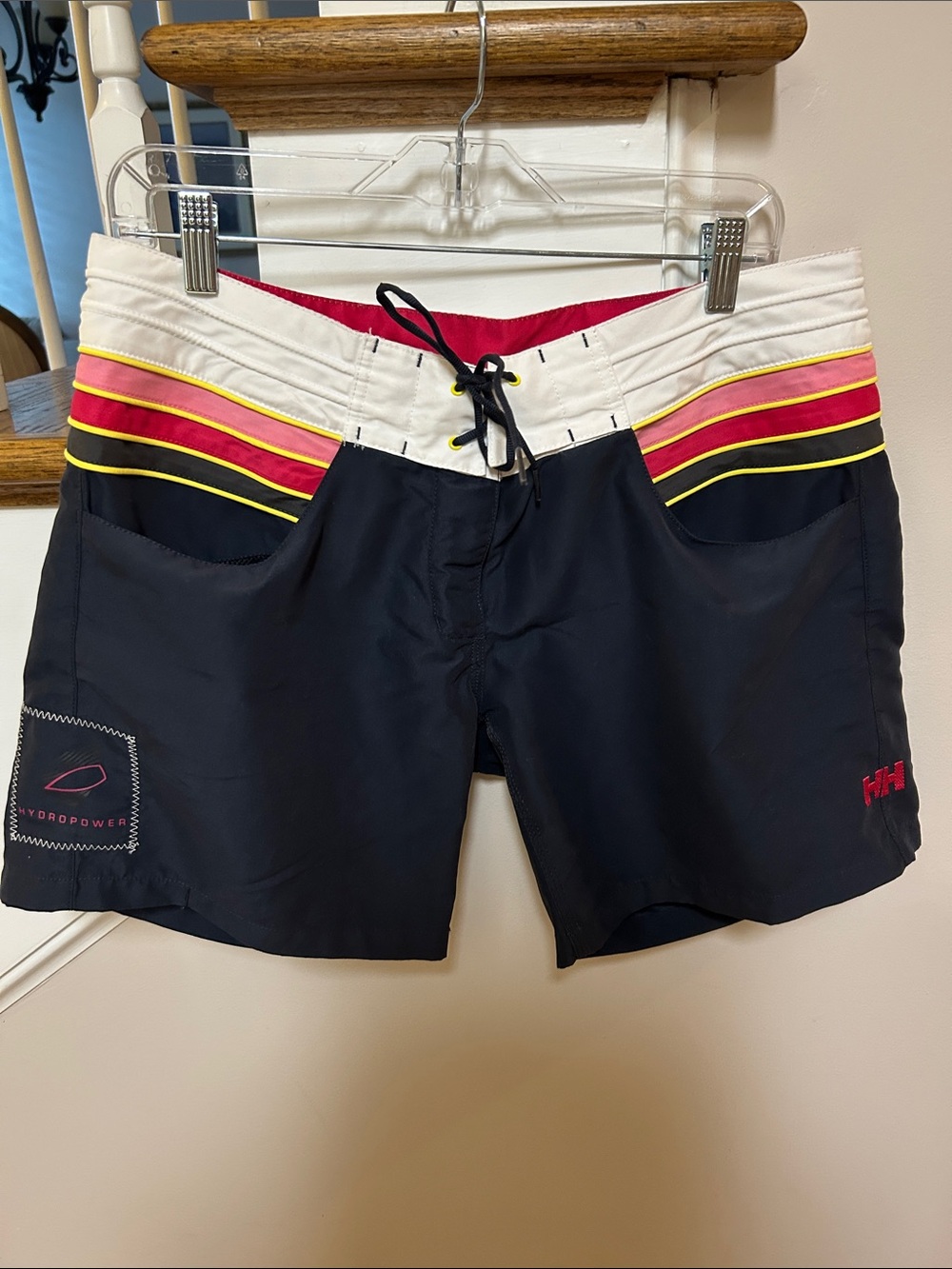 Helly Hansen Navy Swim Board Shorts with White Waist and Red & Yellow Stripes